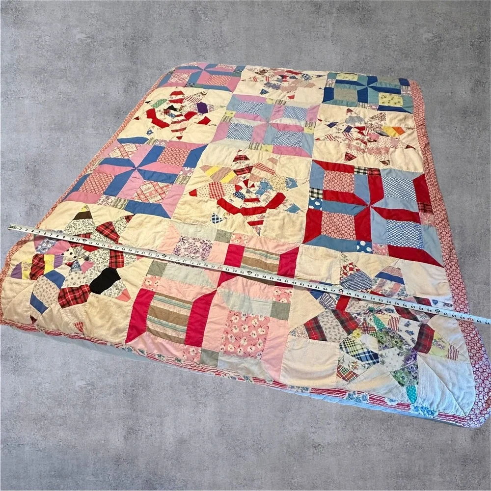 Vintage MCM Quilt 80x64 Multicolor Hand Sewn Patchwork Star/Pinwheel